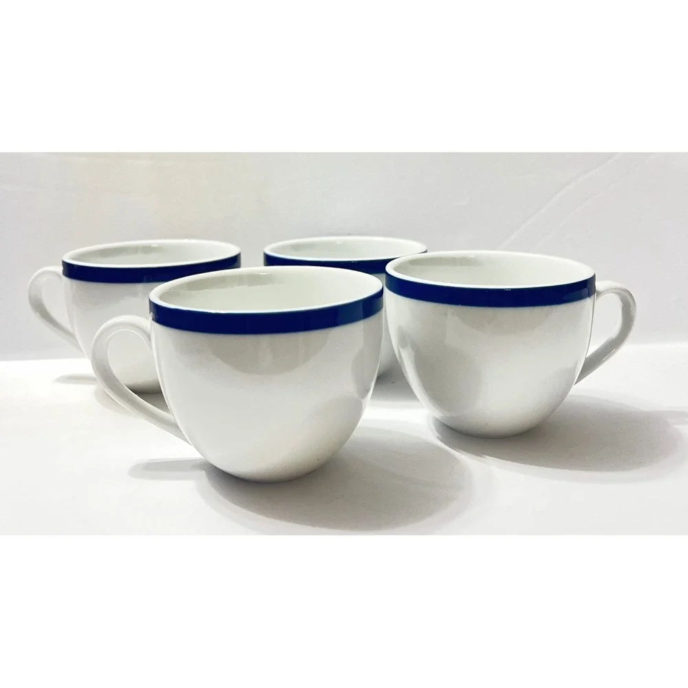 Williams Sonoma Brasserie‎ Coffee Cups Set of 4 White Blue Rim Japan Bistro Mugs